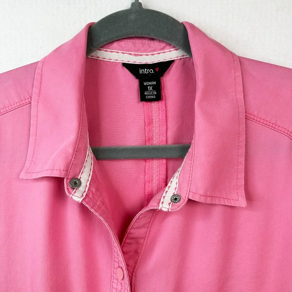 Pink Snap Collared Long Blouse Intro size 1X Decorative stitching - Picture 12 of 14